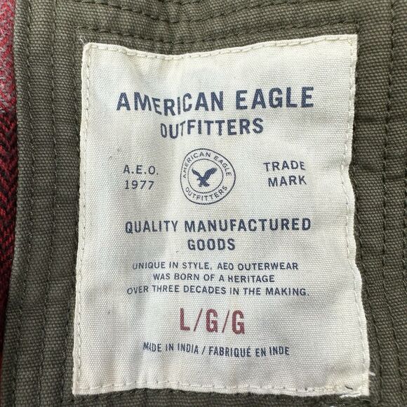 American Eagle Sherpa Lined Canvas Jacket Olive Green Plaid Hood L - Picture 3 of 13